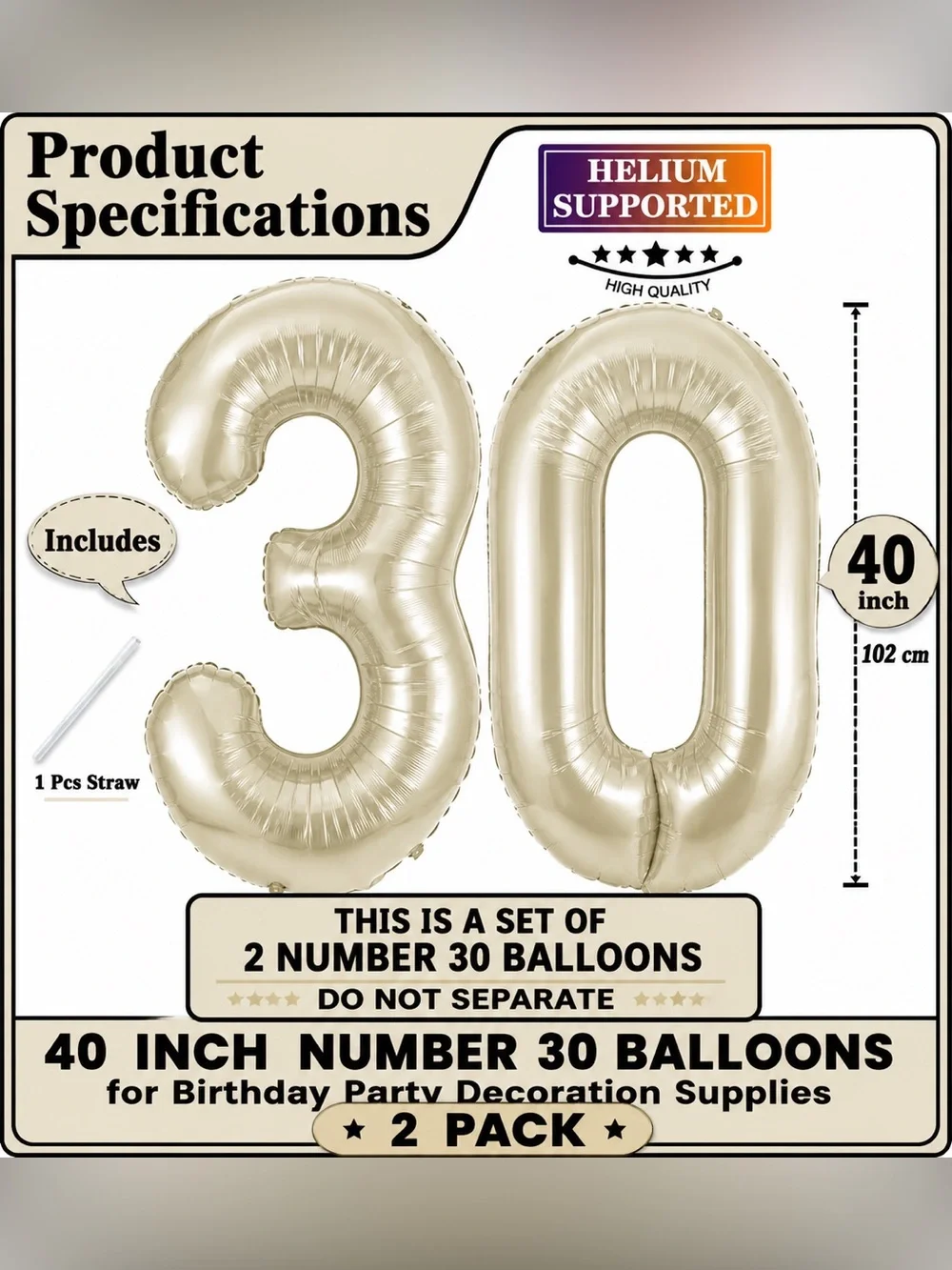 40” Beige Number 30 Balloon Set 2 Pack Foil Helium Birthday Party Decorations